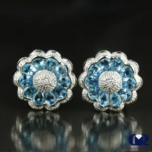 10.92 Ct Natural Blue Topaz & Diamond Earring In 18K Gold With Omega Back