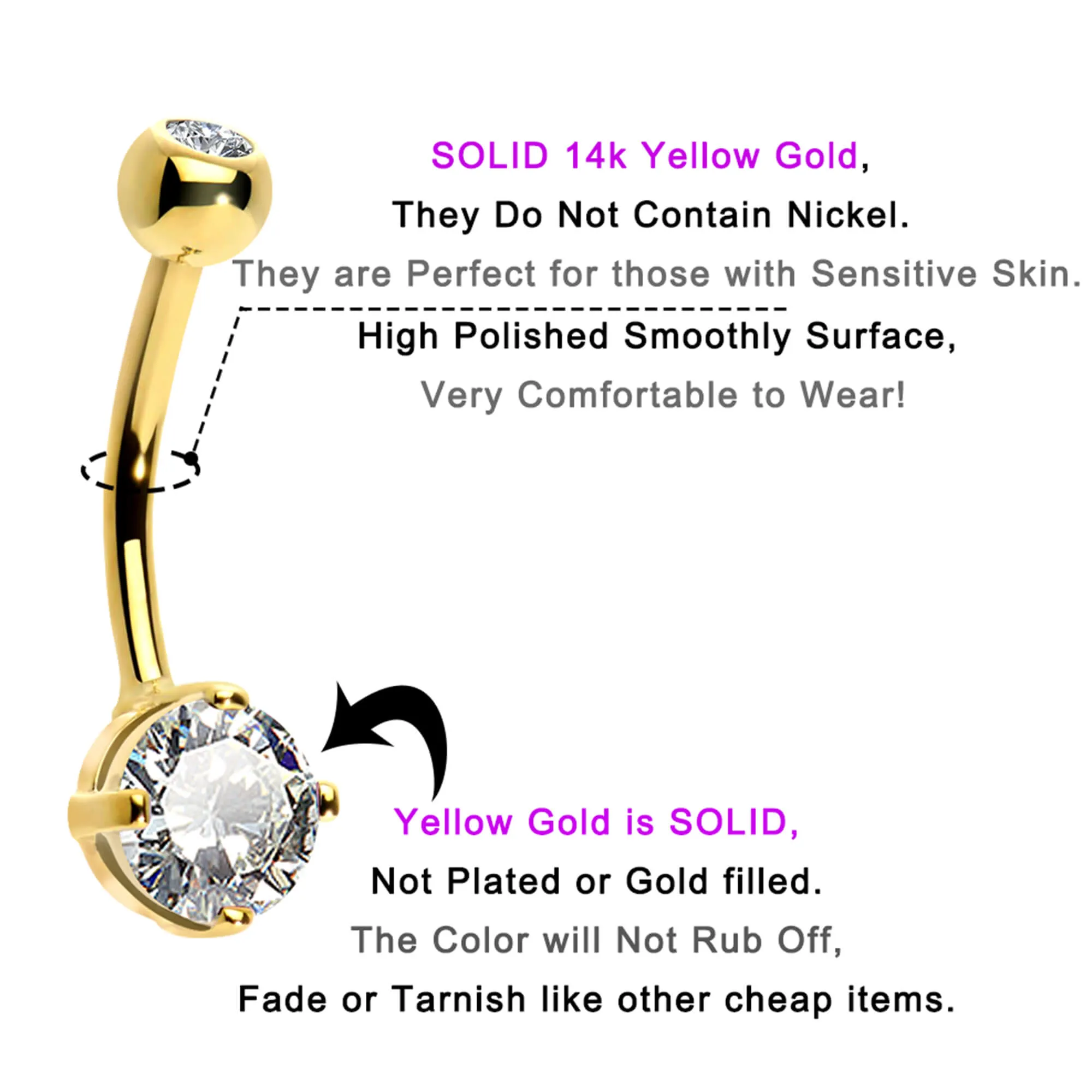 14K Gold Belly Ring 14G Round CZ Diamond Belly Button Ring