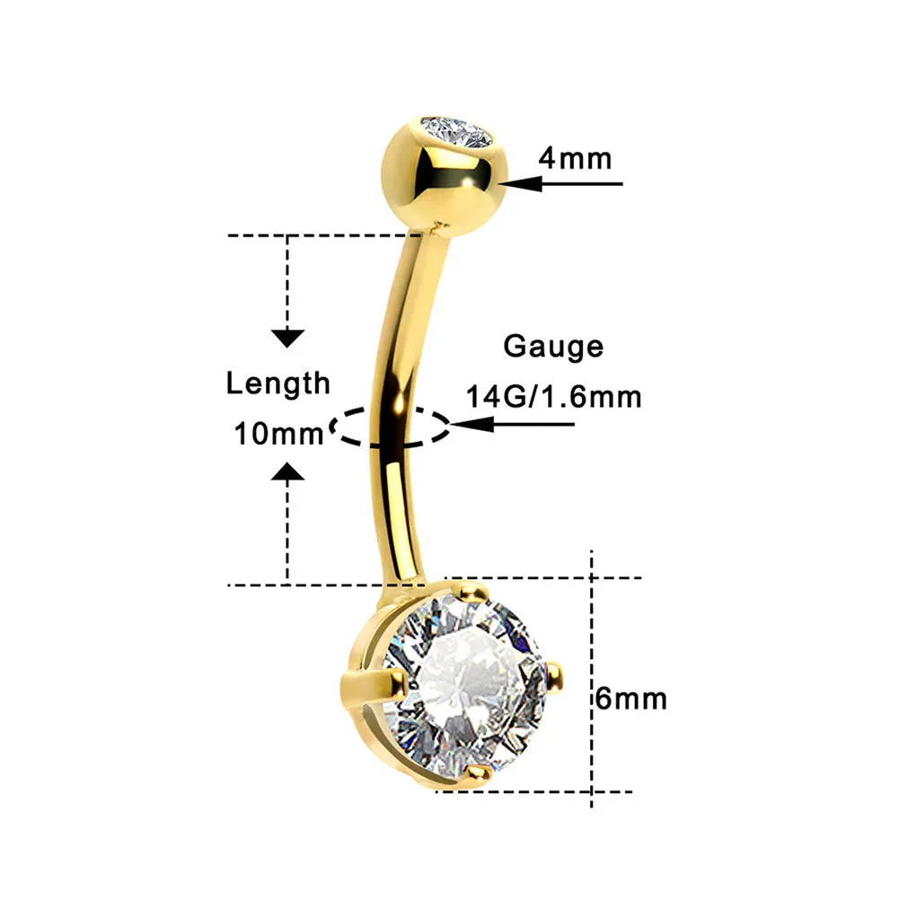 14K Gold Belly Ring 14G Round CZ Diamond Belly Button Ring