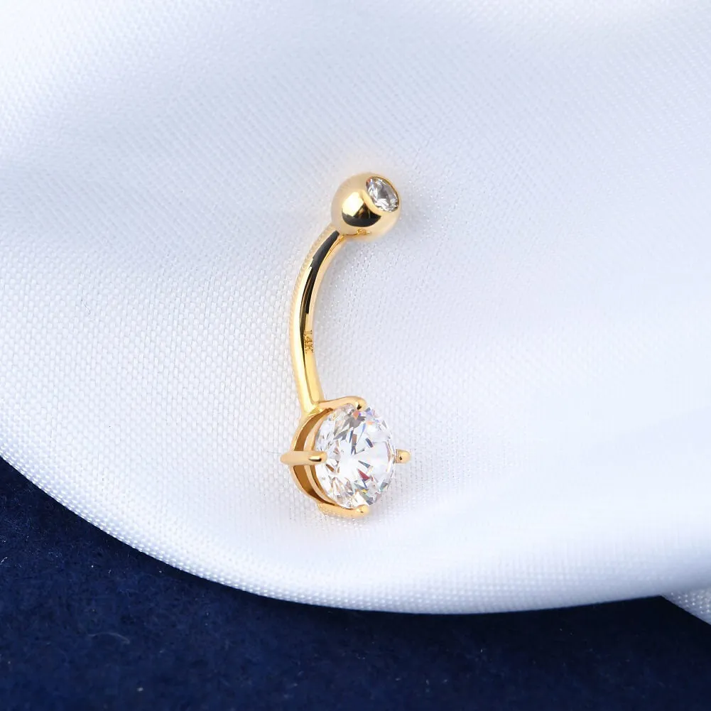 14K Gold Belly Ring 14G Round CZ Diamond Belly Button Ring