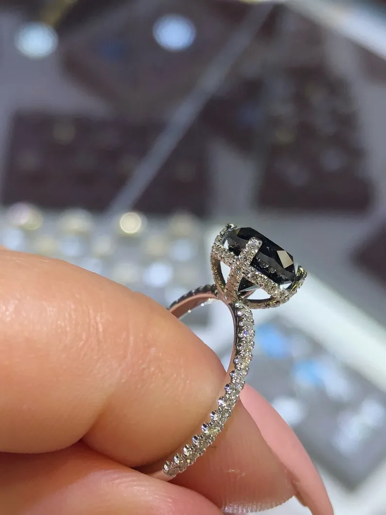 14K Gold Diamond Under Halo with 2 Carat Black Diamond Engagement Ring