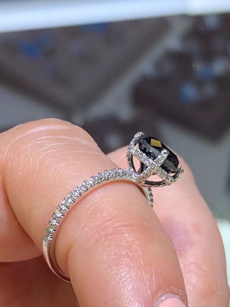 14K Gold Diamond Under Halo with 2 Carat Black Diamond Engagement Ring