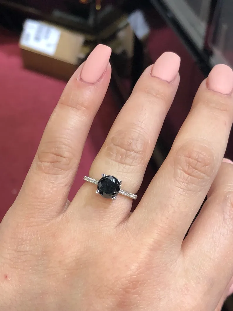 14K Gold Diamond Under Halo with 2 Carat Black Diamond Engagement Ring