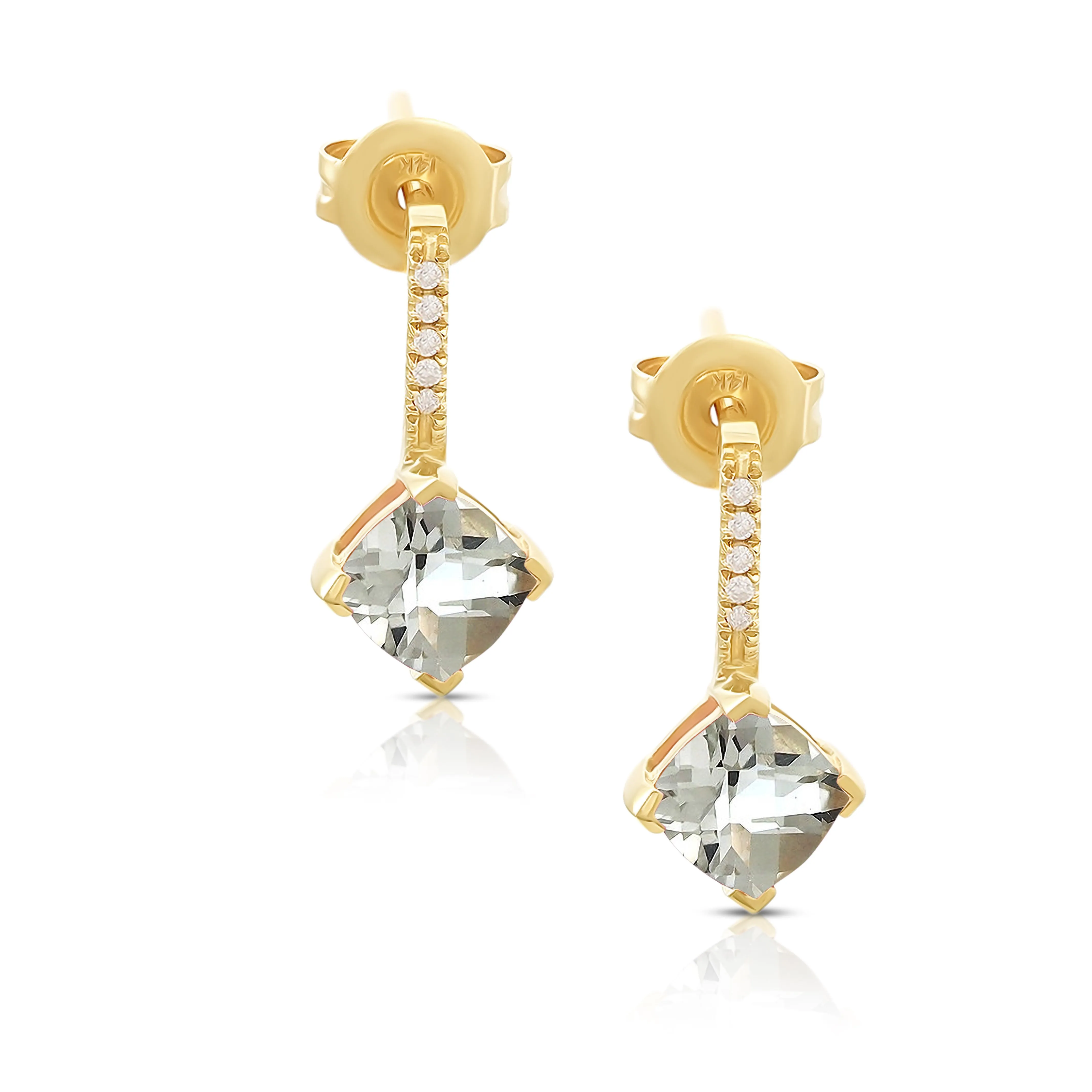 14K Gold Princess Cut White Topaz and Diamonds Earrings