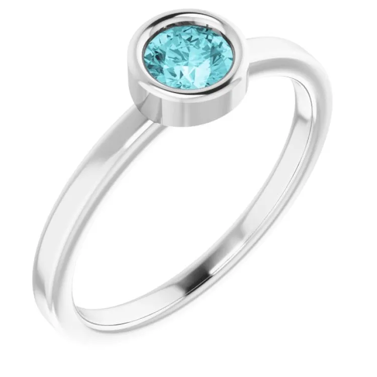 14K White 4.5 mm Natural Blue Zircon Ring