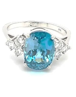 14k White Gold 5.20 Ct Blue Zircon, 0.33 Ct Diamond Ring