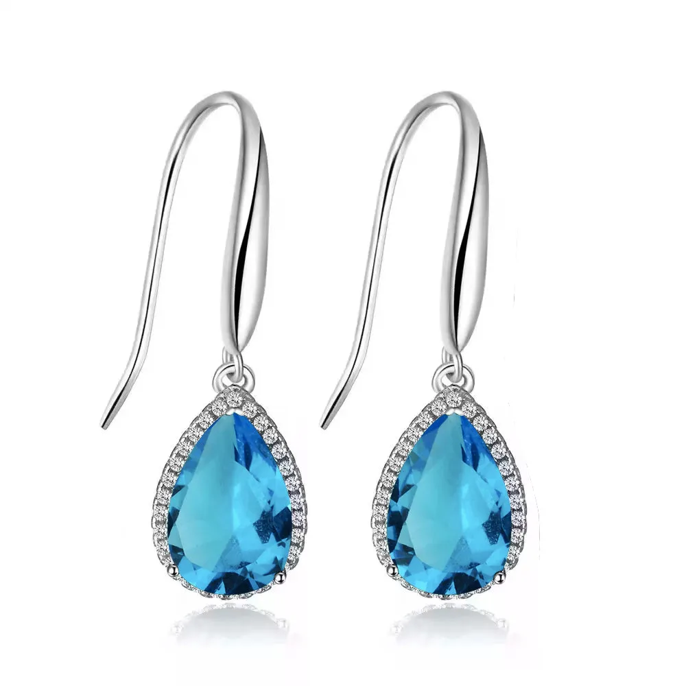 14k White Gold Plated 4 Ct Created Blue Topaz Teardrop Earrings