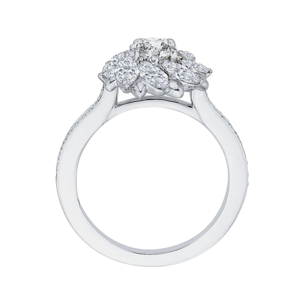 14K White Gold Round & Marquise Diamond Floral Engagement Ring