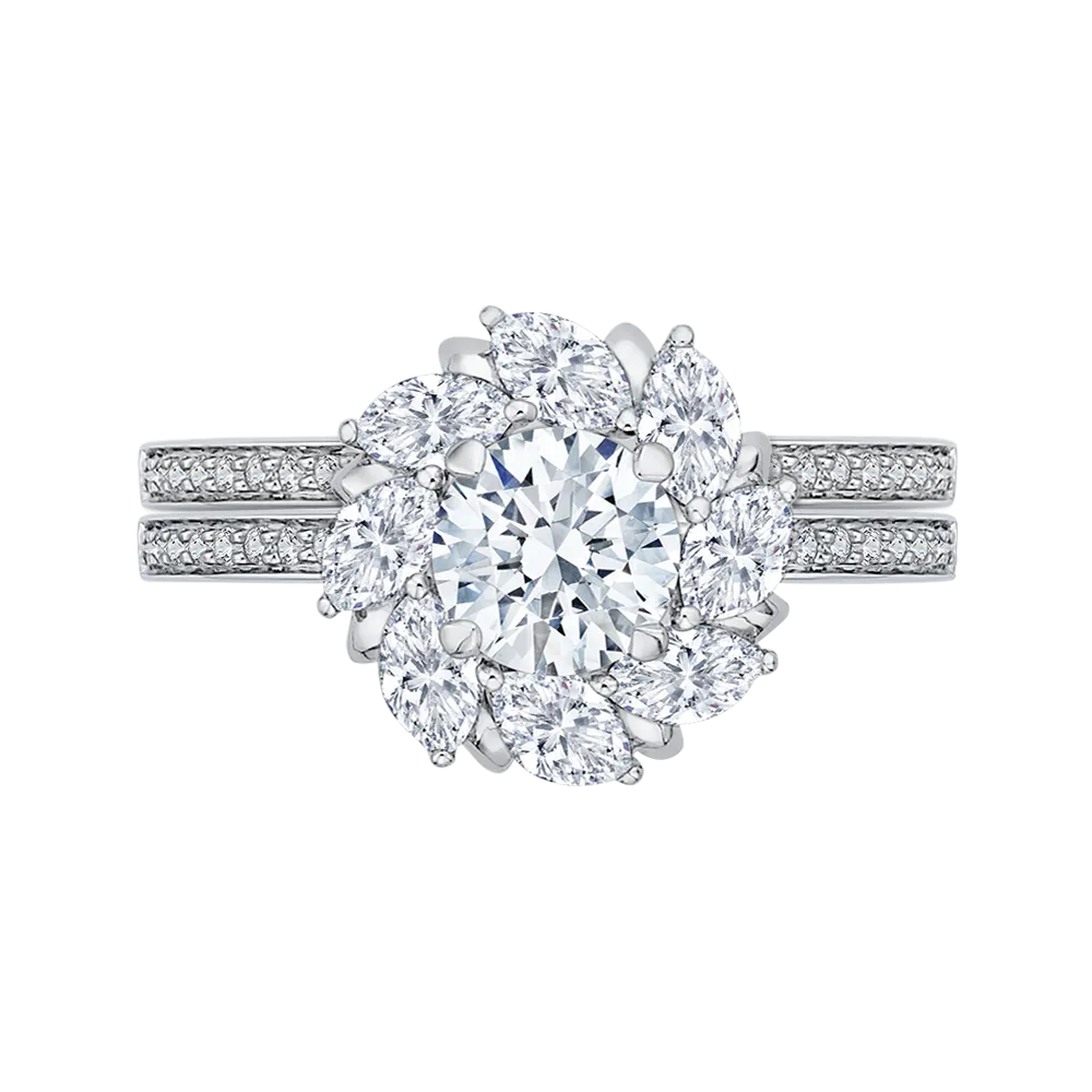 14K White Gold Round & Marquise Diamond Floral Engagement Ring