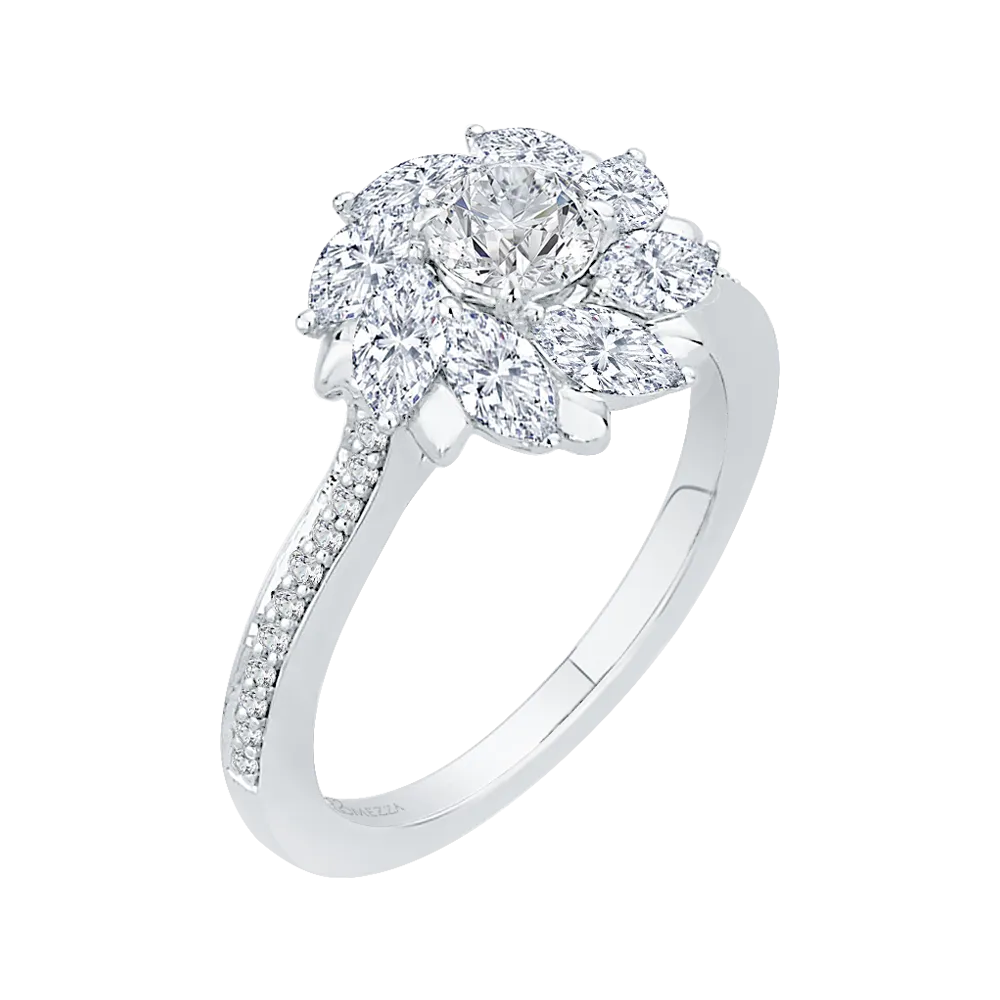 14K White Gold Round & Marquise Diamond Floral Engagement Ring