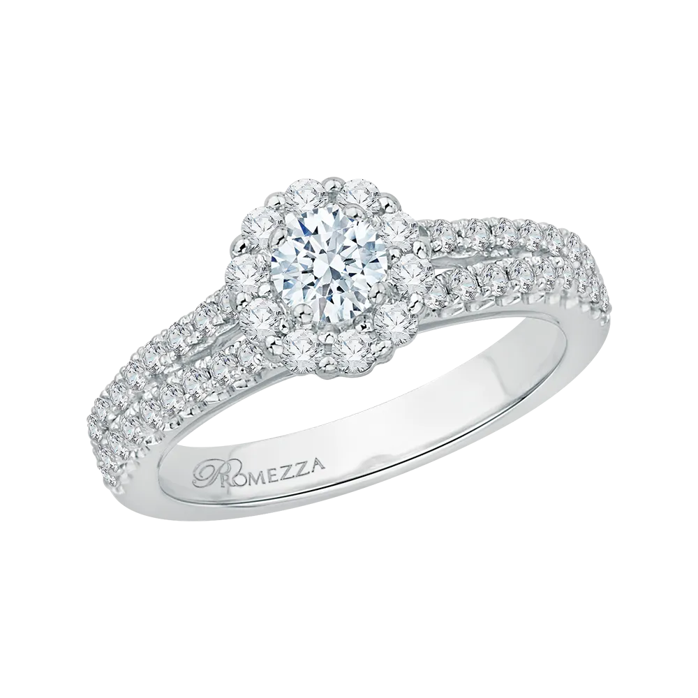 14K White Gold Round Cut Diamond Halo Engagement Ring with Split Shank