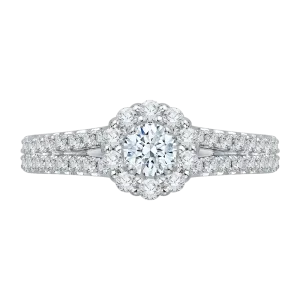 14K White Gold Round Cut Diamond Halo Engagement Ring with Split Shank