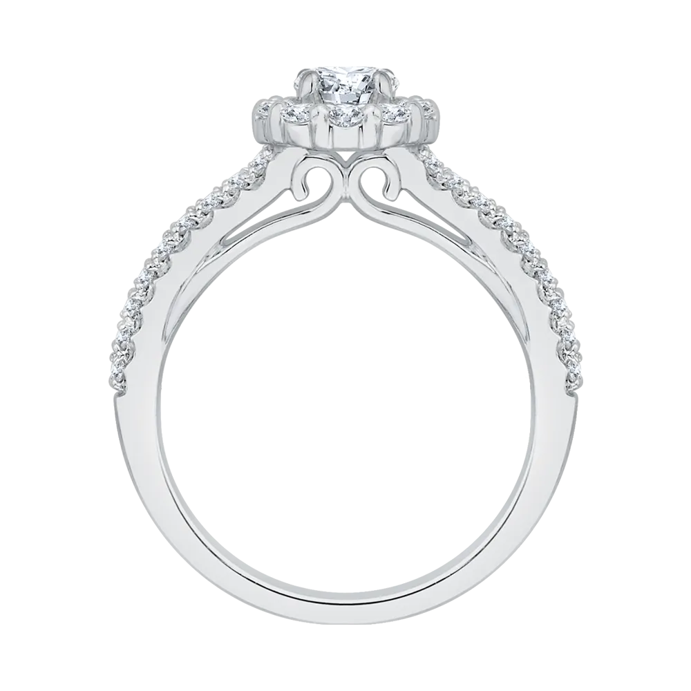 14K White Gold Round Cut Diamond Halo Engagement Ring with Split Shank