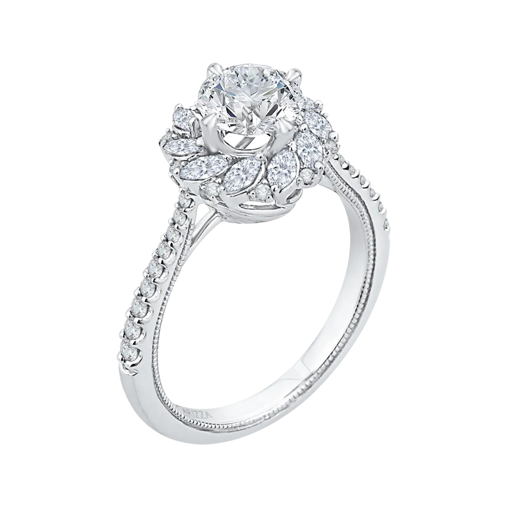 14K White Gold Round Diamond Floral Engagement Ring (Semi Mount)