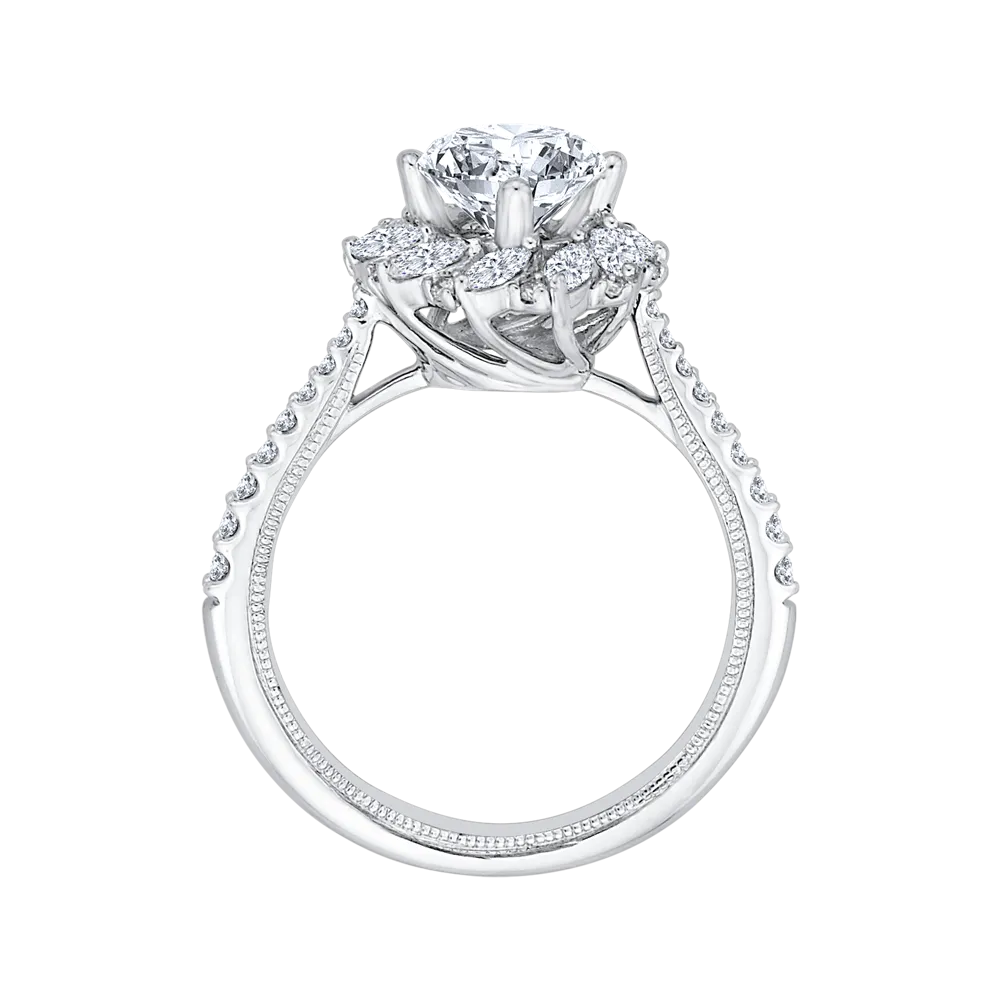 14K White Gold Round Diamond Floral Engagement Ring (Semi Mount)