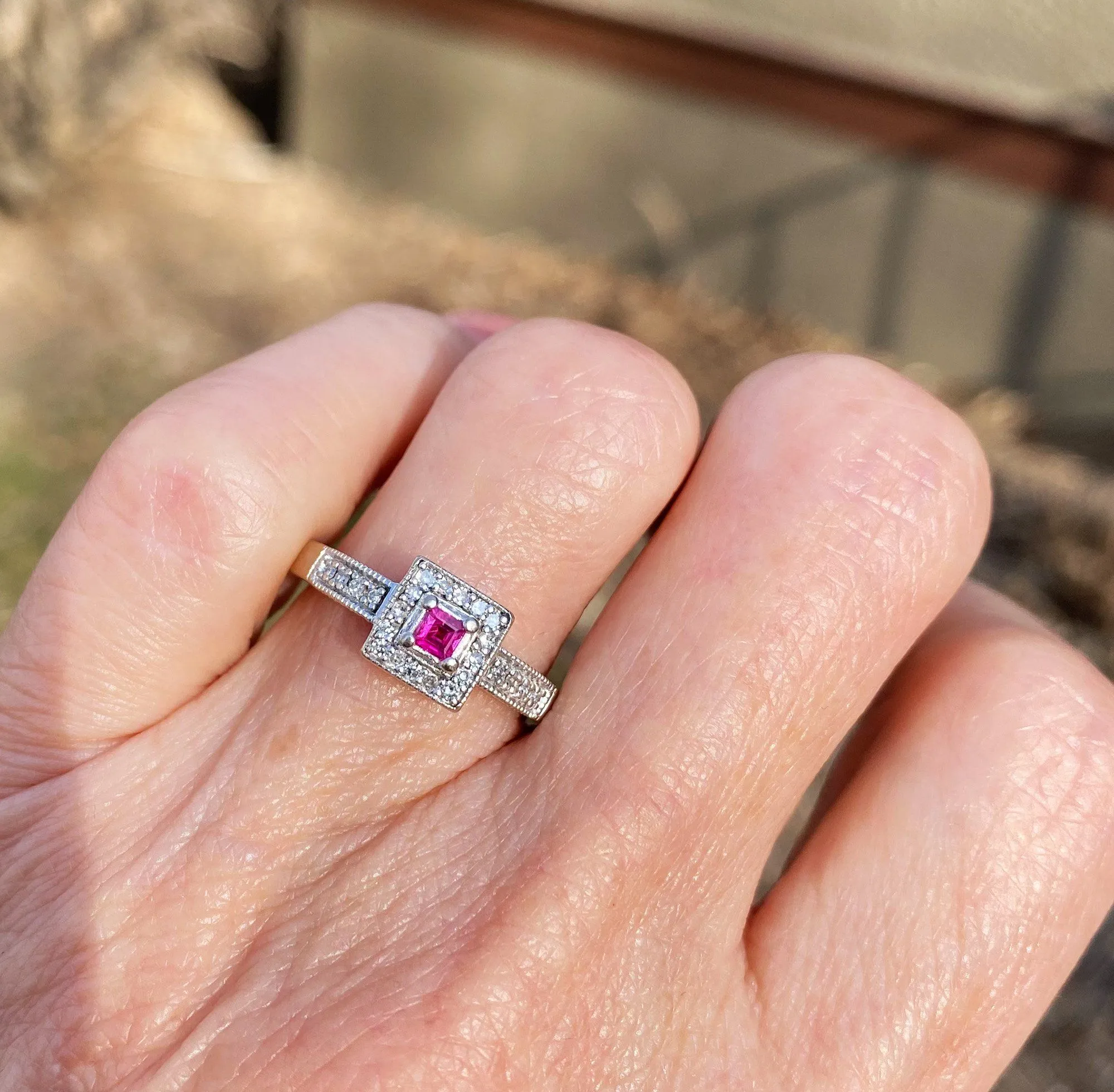 14K White Gold Ruby Diamond Halo Engagement Ring