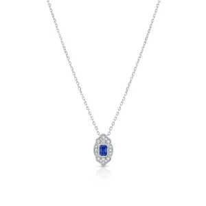 14K White Gold Sapphire Diamond Art Deco Design Pendant Necklace