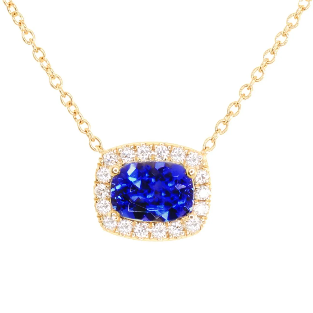 14kt gold & Diamond Cushion Blue Sapphire Halo Necklace