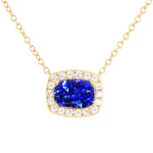 14kt gold & Diamond Cushion Blue Sapphire Halo Necklace