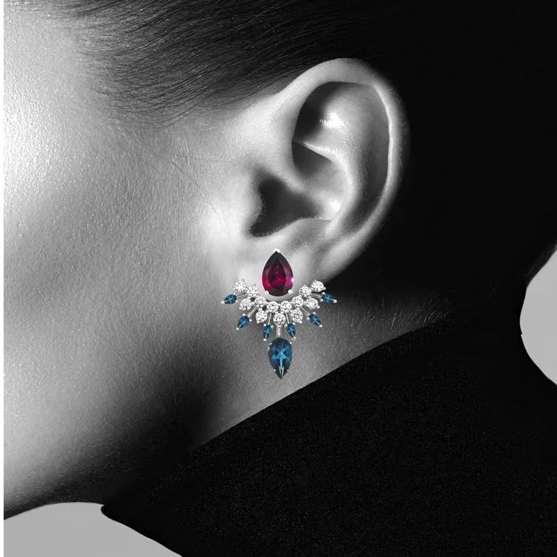 18k Amazonia (cocar) White Gold Earring With 1.60 Cts Vs-Gh Diamonds  And Topaz And Rhodolite