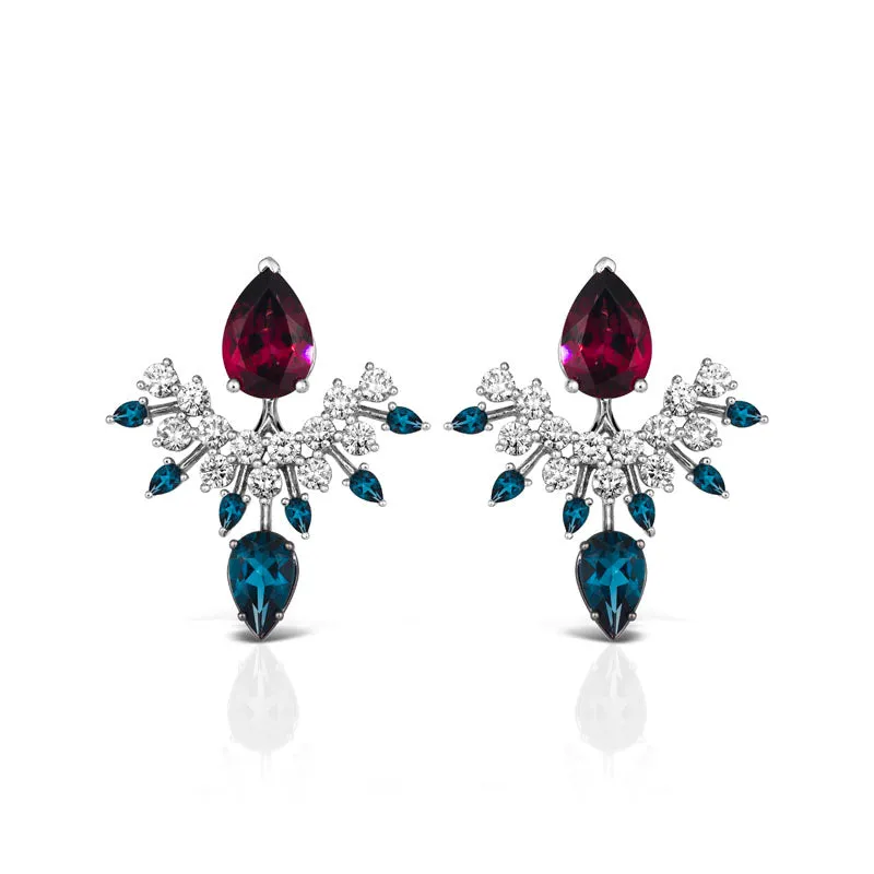 18k Amazonia (cocar) White Gold Earring With 1.60 Cts Vs-Gh Diamonds  And Topaz And Rhodolite