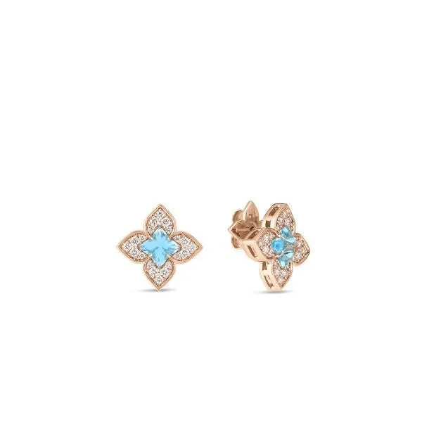 18K Rose Gold Venetian Princess Carnevale Small Diamond & Blue Topaz Flower Earrings