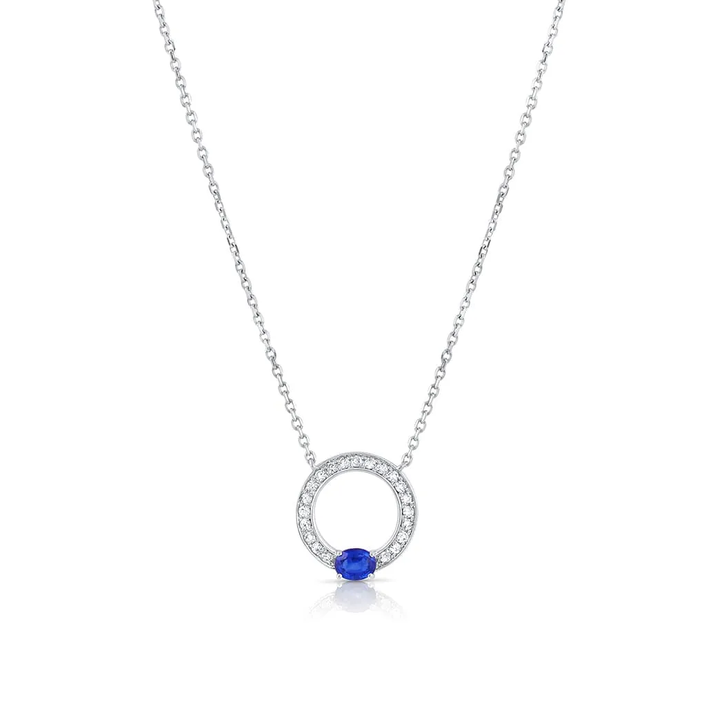 18K White Gold Diamond and Oval Sapphire Round Pendant Necklace