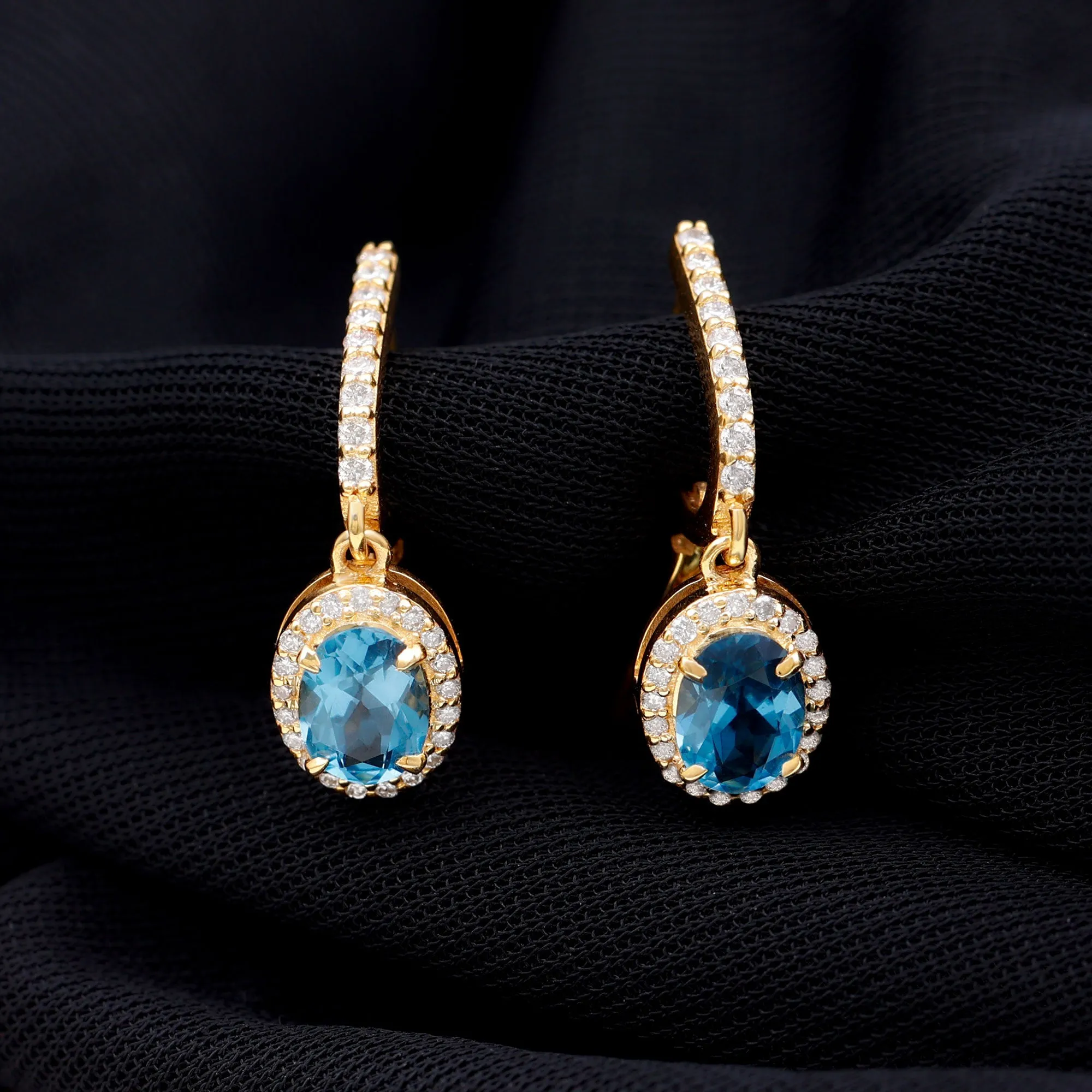 2.75 CT Oval London Blue Topaz and Diamond Hoop Drop Earrings