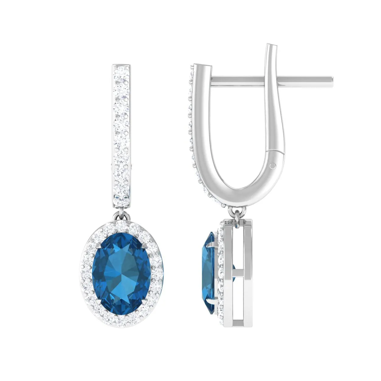 2.75 CT Oval London Blue Topaz and Diamond Hoop Drop Earrings