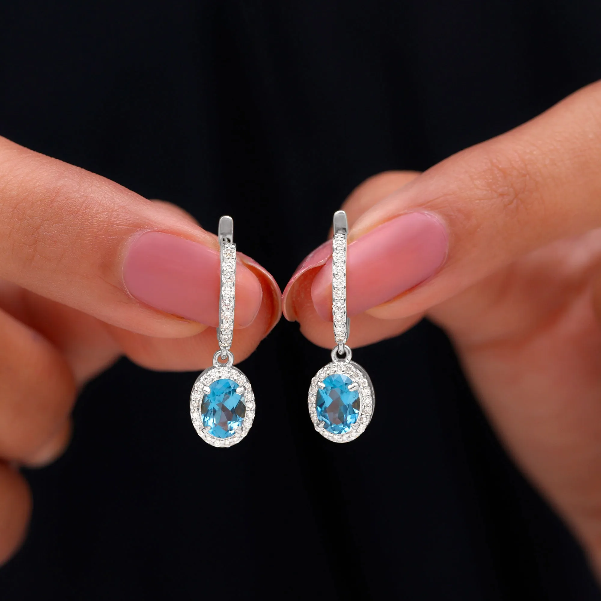 2.75 CT Oval London Blue Topaz and Diamond Hoop Drop Earrings