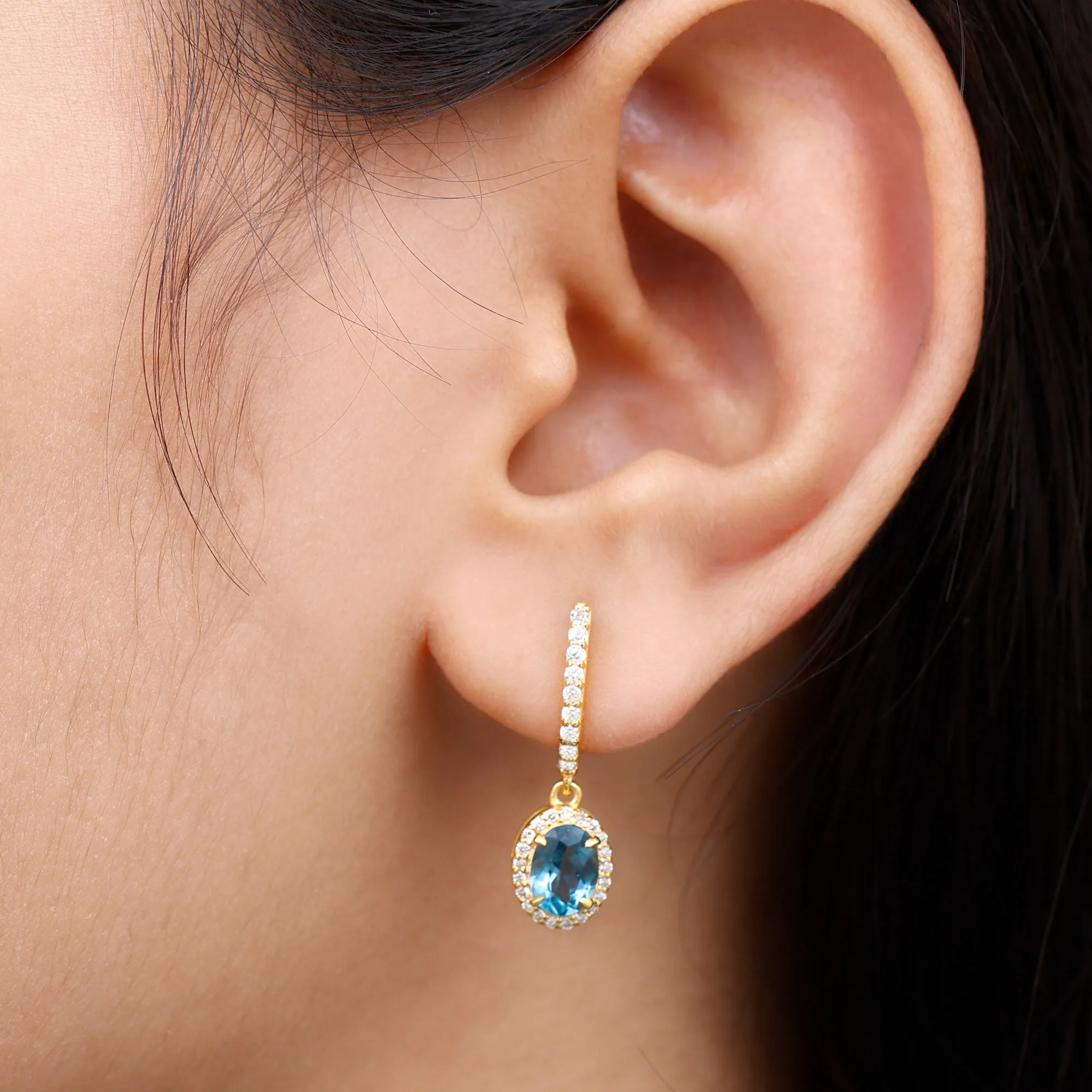 2.75 CT Oval London Blue Topaz and Diamond Hoop Drop Earrings