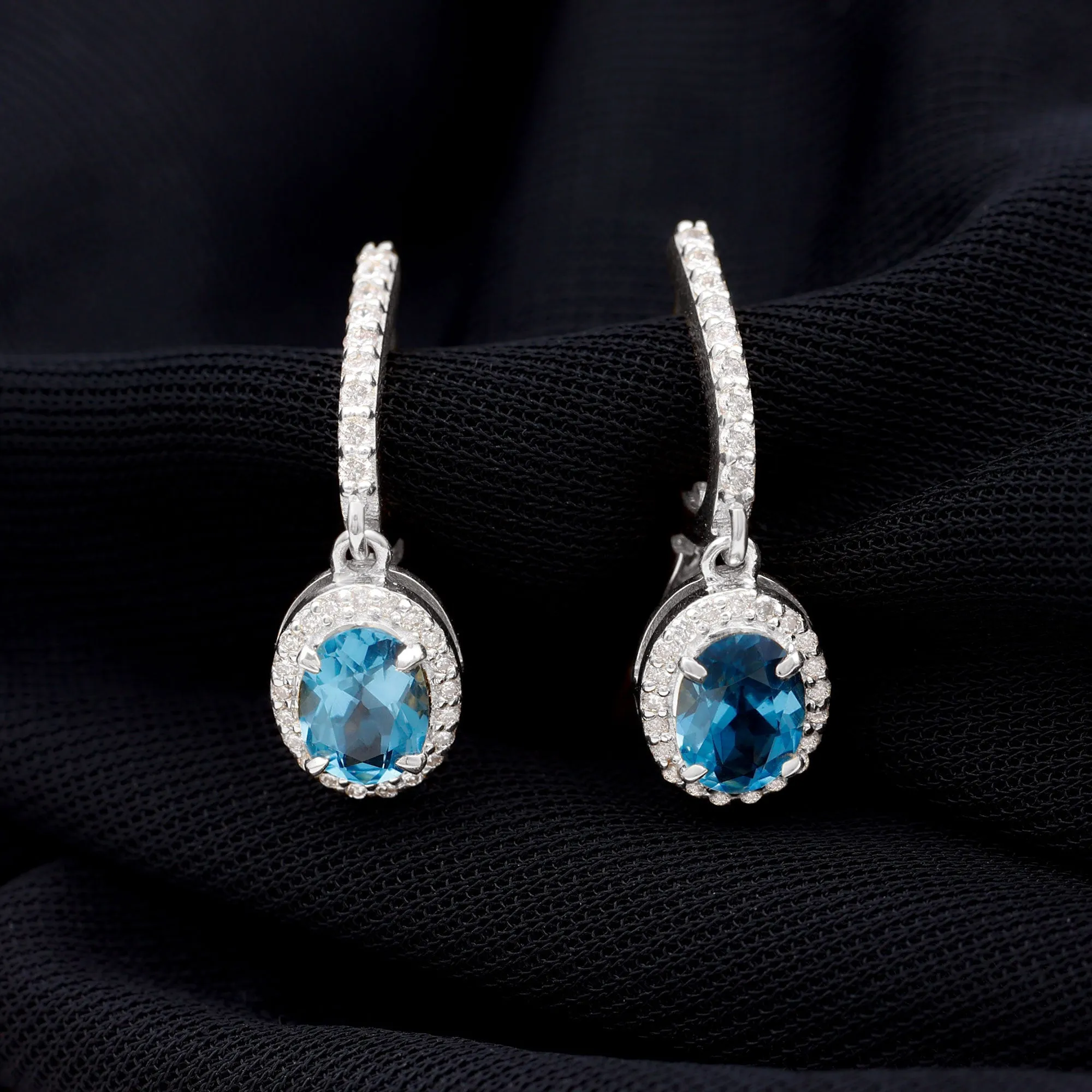 2.75 CT Oval London Blue Topaz and Diamond Hoop Drop Earrings