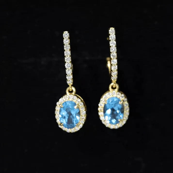 2.75 CT Oval London Blue Topaz and Diamond Hoop Drop Earrings