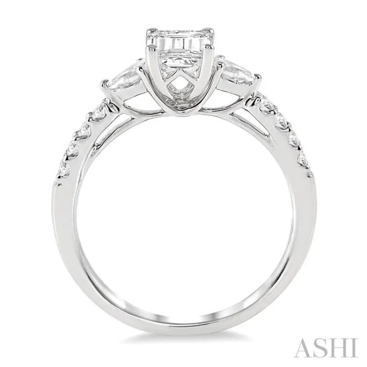 7/8 ctw Pear & Round Cut Diamond Engagement Ring With 1/2 ct Emerald Cut Center Stone in 14K White Gold