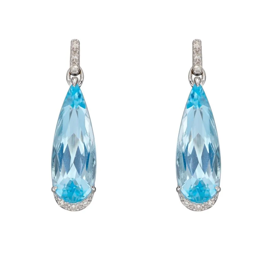 9ct White Gold Blue Topaz And Diamond Teardrop Earrings GE2385T