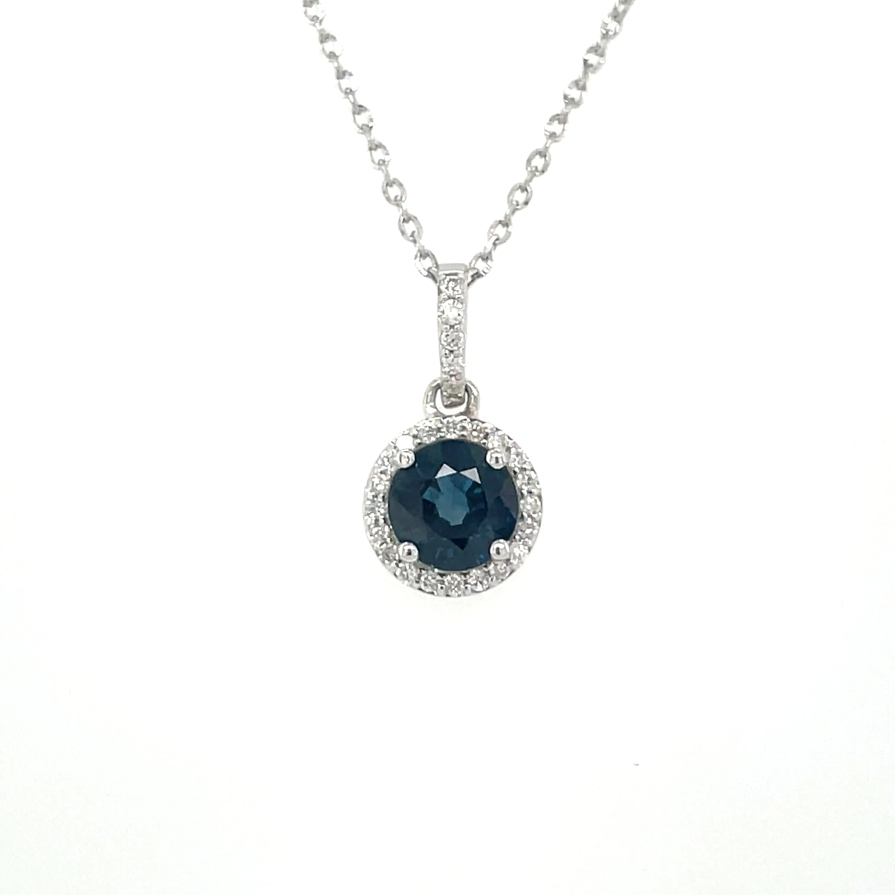 9ct White Gold Round 0.71ct Sapphire & Diamond Halo Pendant