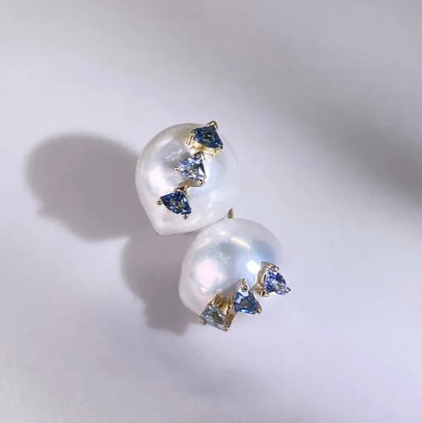 ANSWER B. by Bianca Chong- Pearl Trilogy Earrings ( Aquamarine & London Blue Topaz)