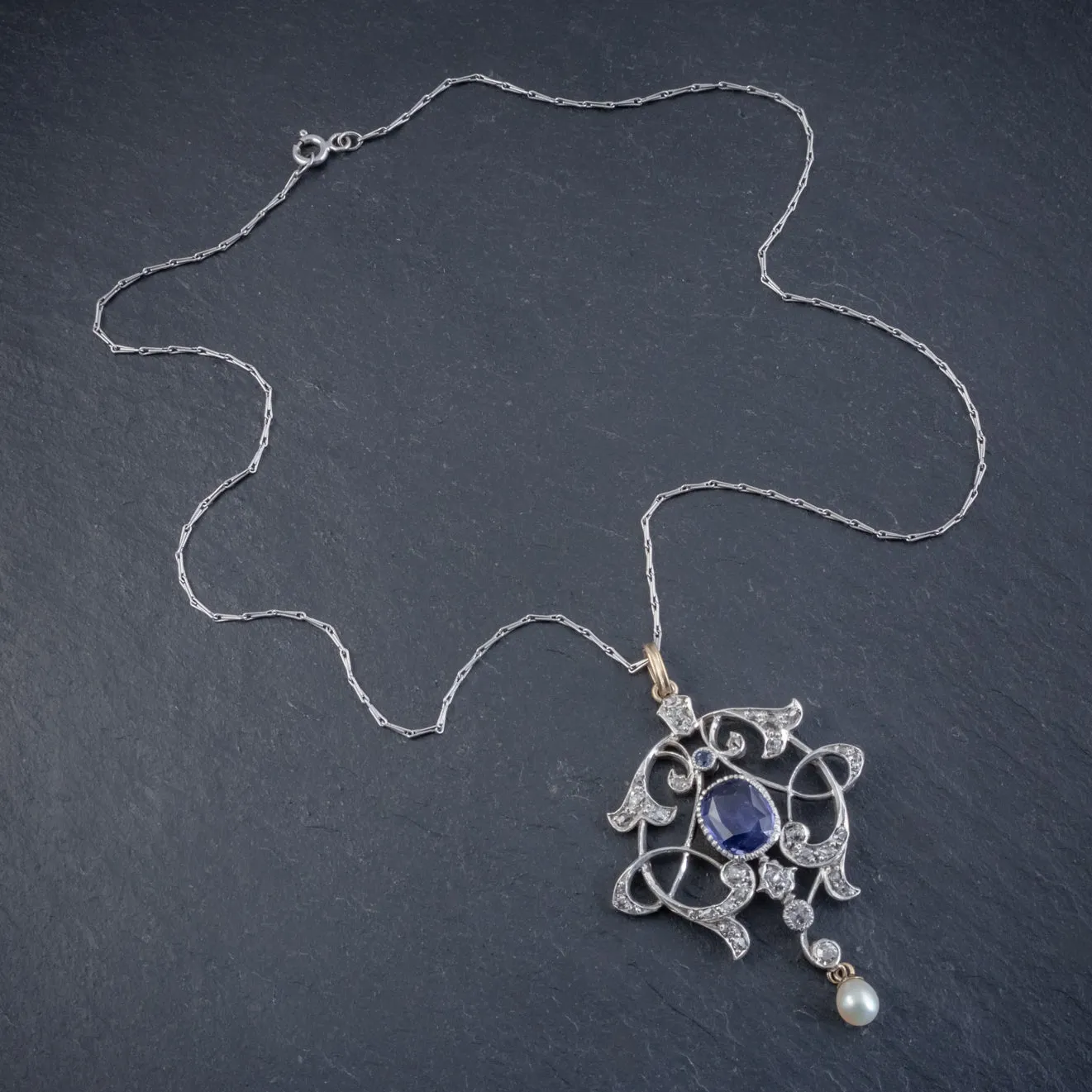 Antique Edwardian 3.25Ct Sapphire Diamond Pendant Necklace Platinum 18Ct Gold Circa 1905