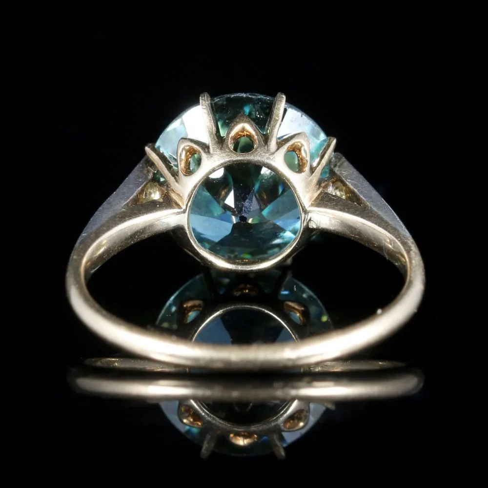 Antique Edwardian Blue Zircon Diamond Ring 18Ct Gold 4.50Ct Blue Zircon