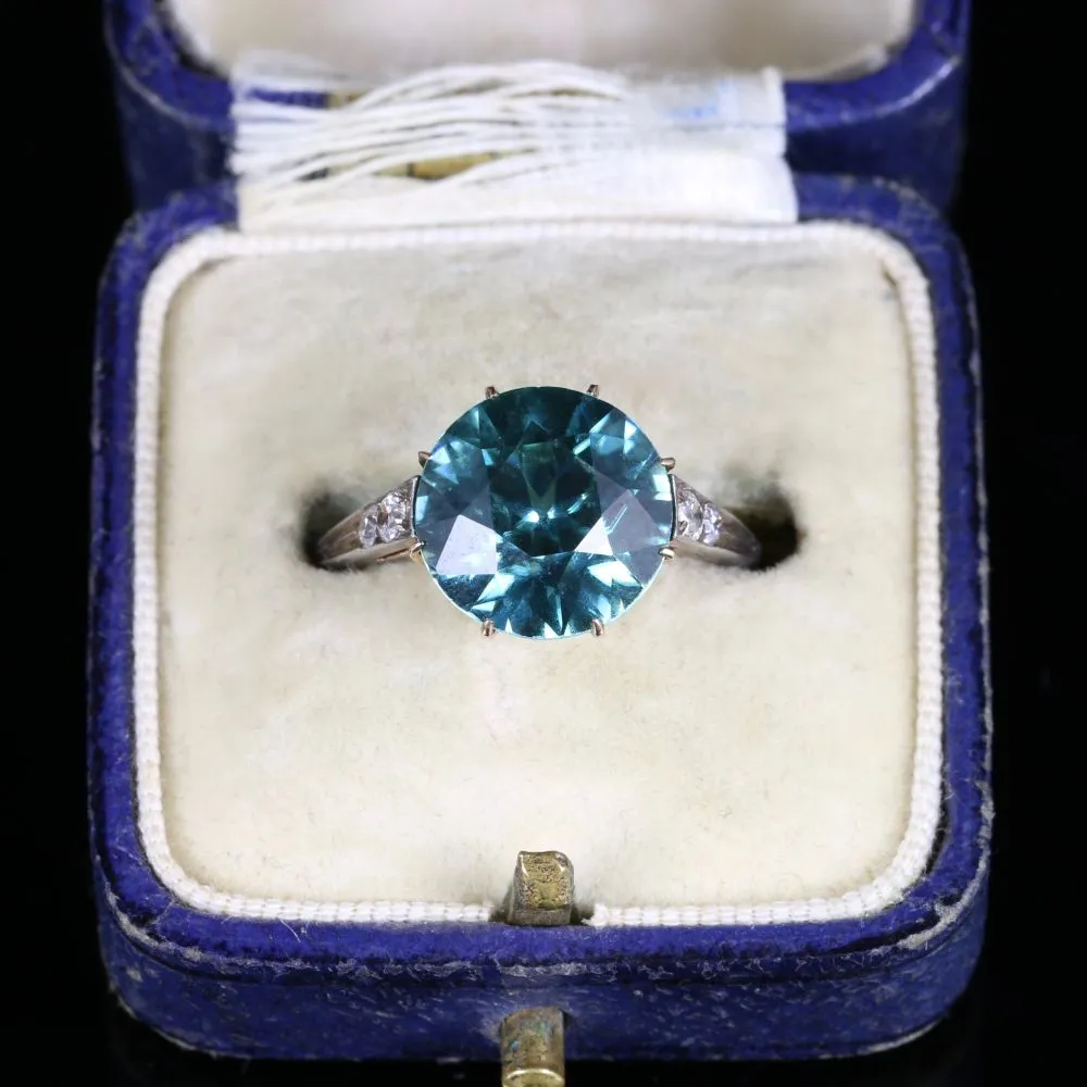 Antique Edwardian Blue Zircon Diamond Ring 18Ct Gold 4.50Ct Blue Zircon