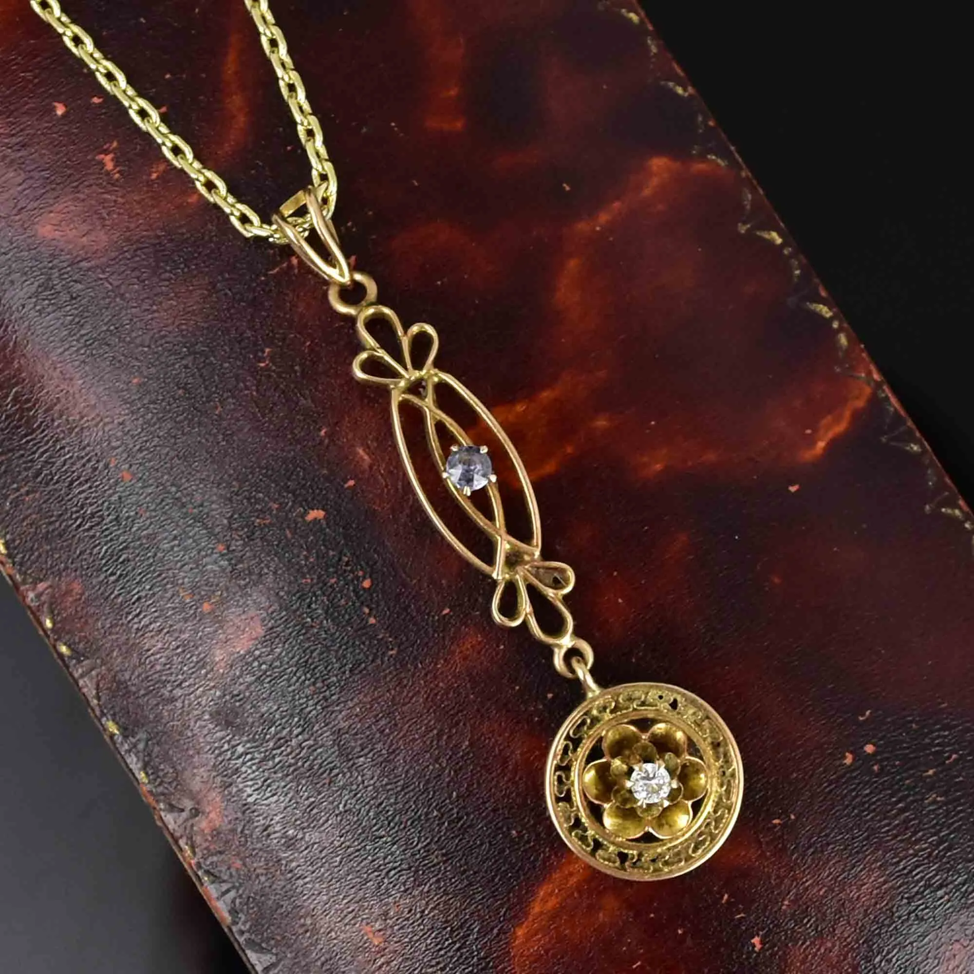 Art Nouveau 10K Gold Diamond Sapphire Lavalier Necklace