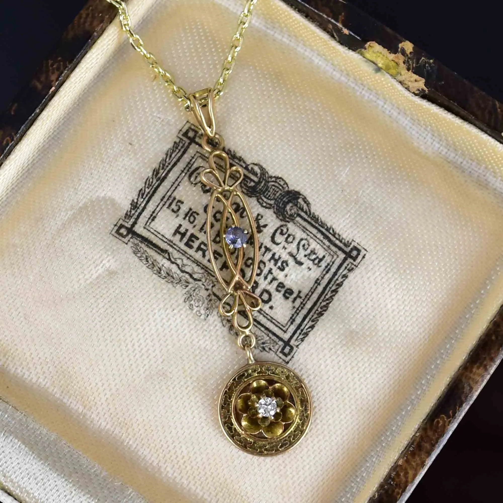 Art Nouveau 10K Gold Diamond Sapphire Lavalier Necklace