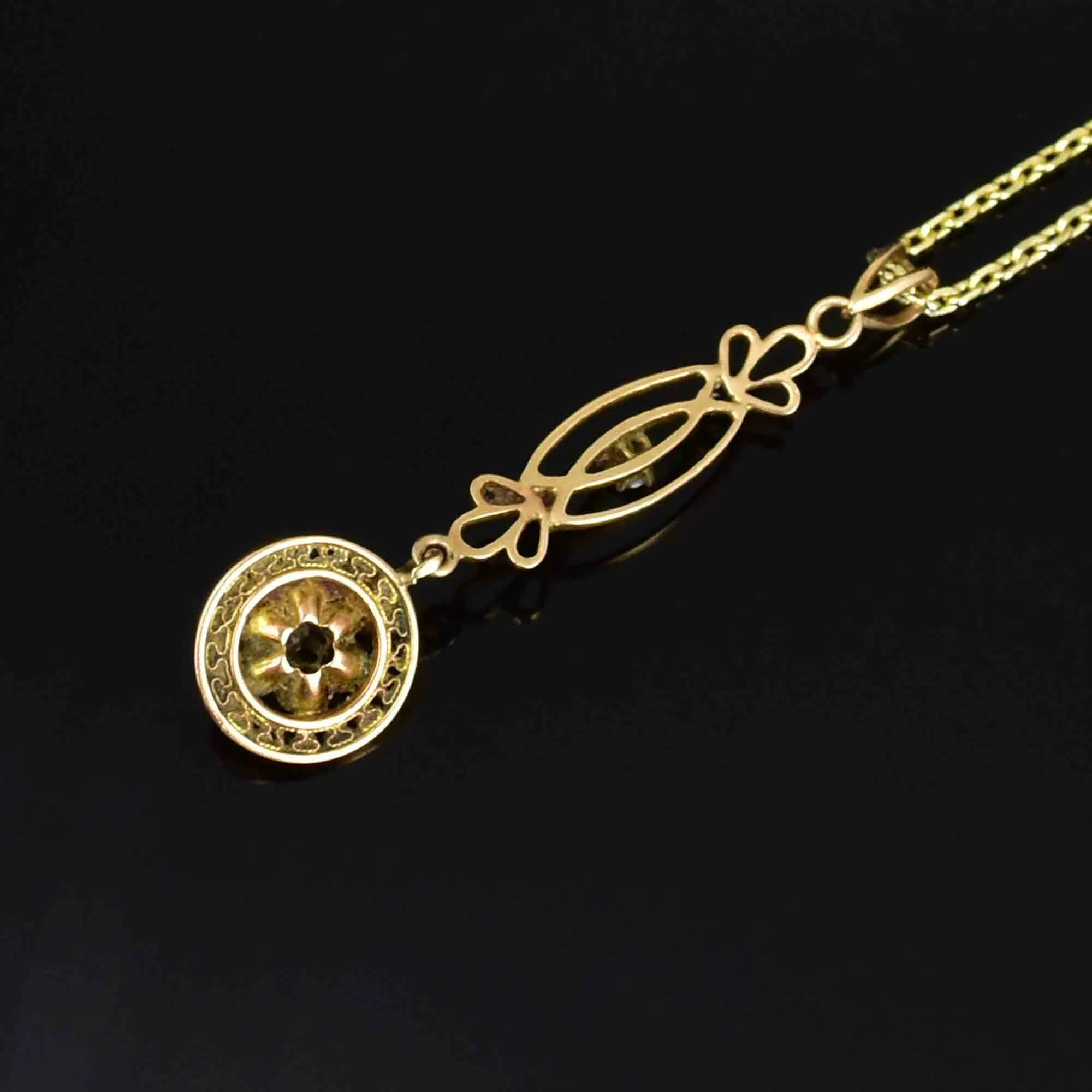 Art Nouveau 10K Gold Diamond Sapphire Lavalier Necklace