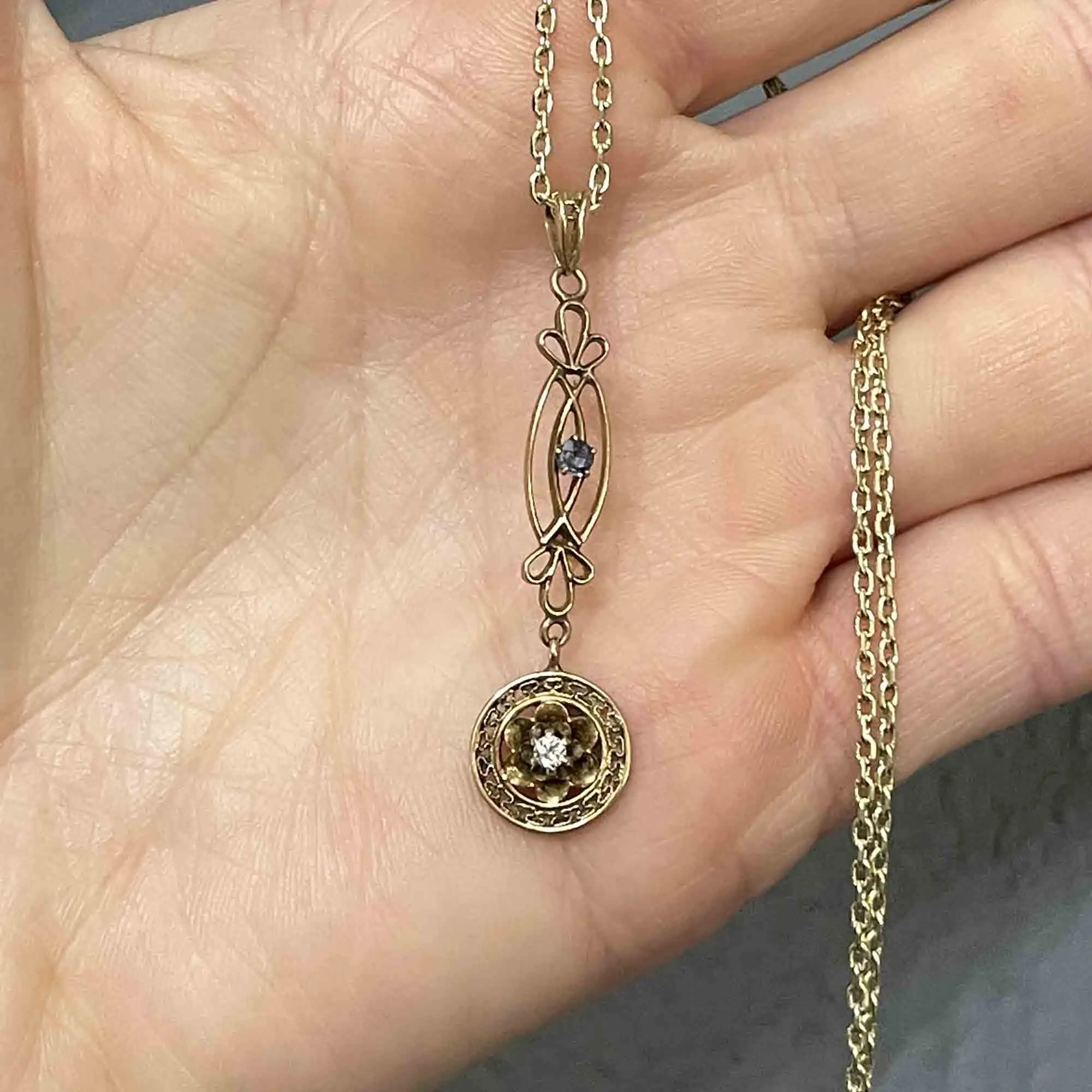 Art Nouveau 10K Gold Diamond Sapphire Lavalier Necklace