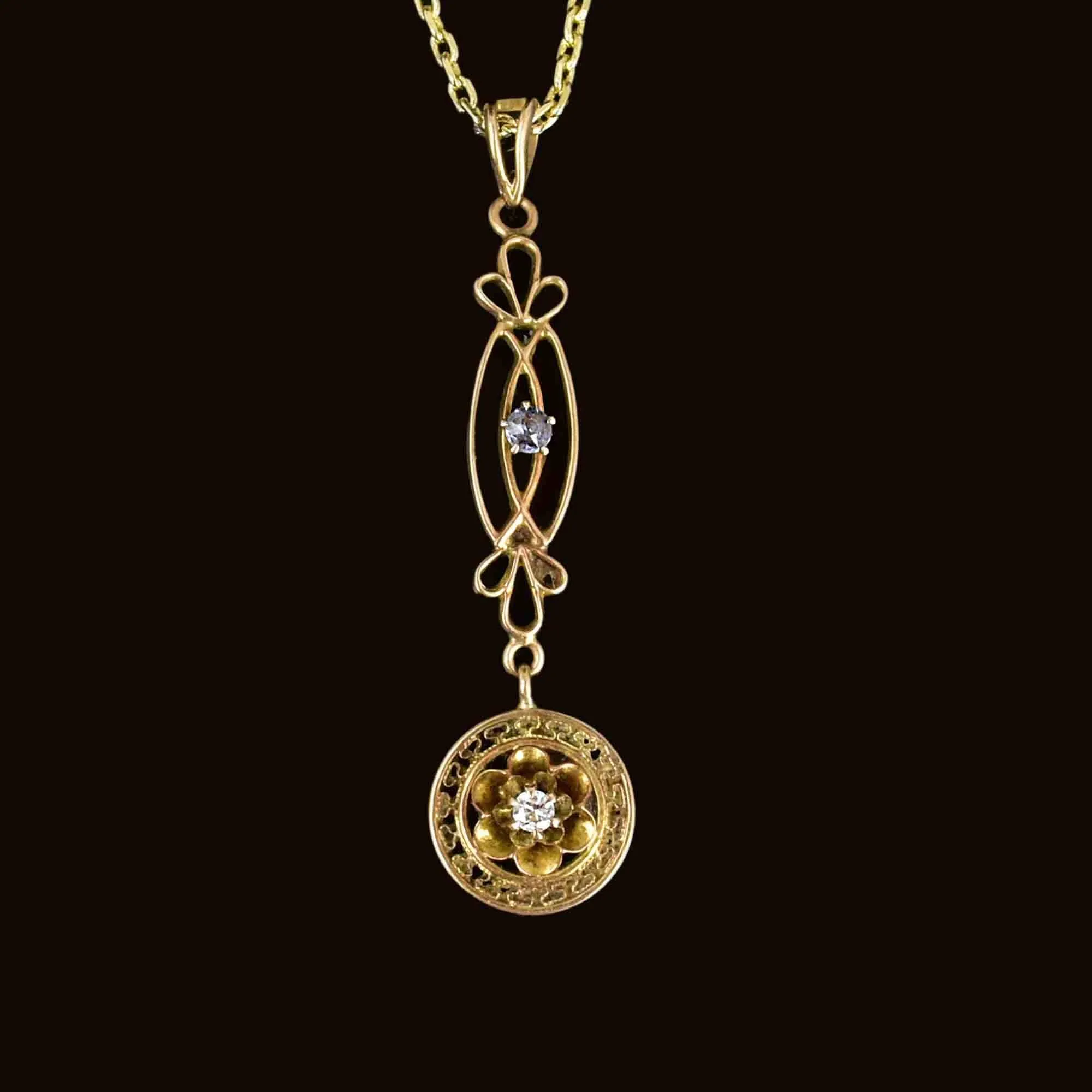 Art Nouveau 10K Gold Diamond Sapphire Lavalier Necklace