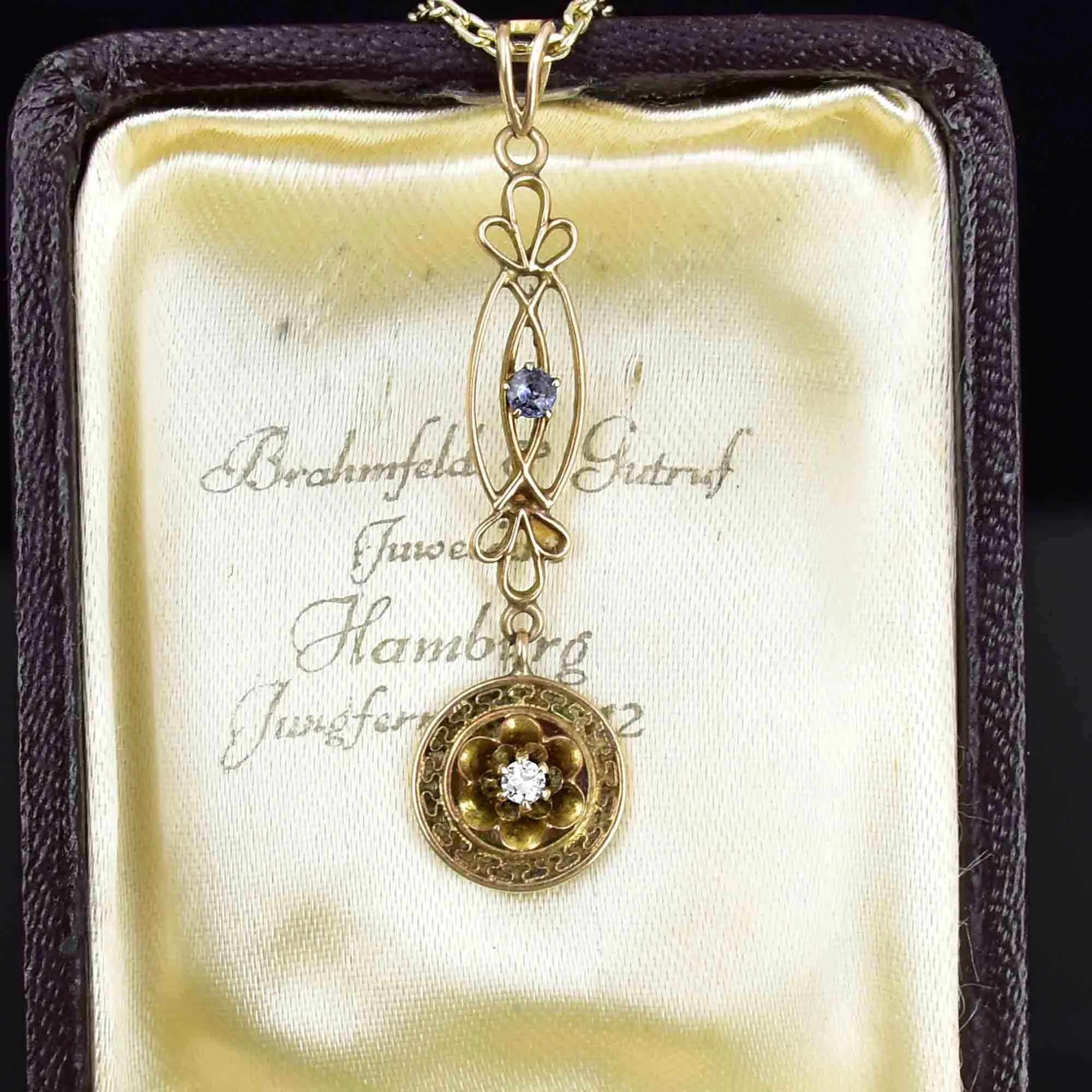 Art Nouveau 10K Gold Diamond Sapphire Lavalier Necklace