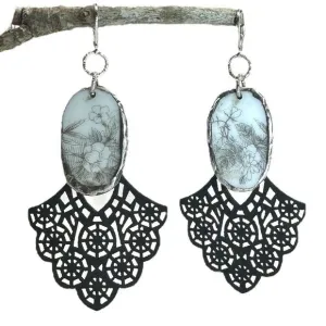 Artisan Boho Metalwork Chandelier Earrings W/ English Bone Fine China Fragments