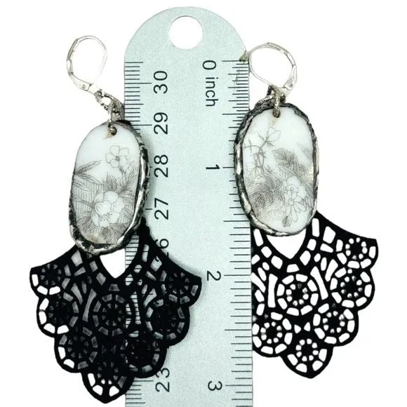 Artisan Boho Metalwork Chandelier Earrings W/ English Bone Fine China Fragments