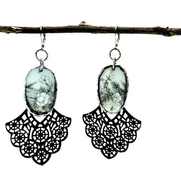 Artisan Boho Metalwork Chandelier Earrings W/ English Bone Fine China Fragments