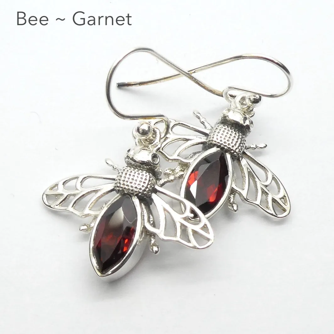 Bee Earrings with Faceted Garnet, 925 Sterling Silver